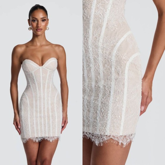 2026Sweetheart Neck Lace Corset Mini Dress White Bodycon Party Gloves Strapless Y2K Bridal Shower Homecoming Dress Wedding Dress