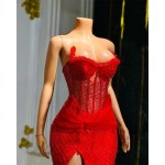 Red Long Prom Dresses For Black Girls Slit Sweetheart Beaded Birthday Party Dresses African Evening Gown Robe De Customized